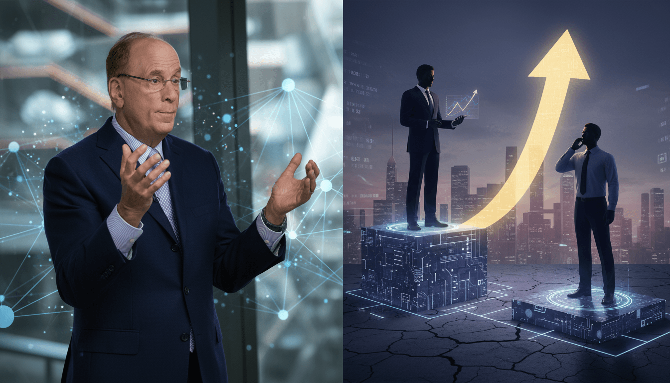 A split image. On the left, Larry Fink speaks in a modern office. On the right, silhouettes of men on tech platforms with an upward arrow.