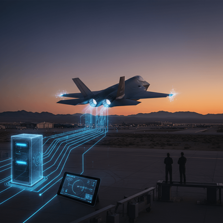 A modern fighter jet flying over an airfield at sunset, connected by glowing blue lines to a server and tablet.
