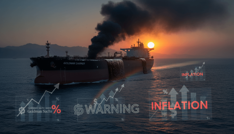 A large oil tanker sailing at sunset, with symbolic elements depicting rising inflation and economic warnings.