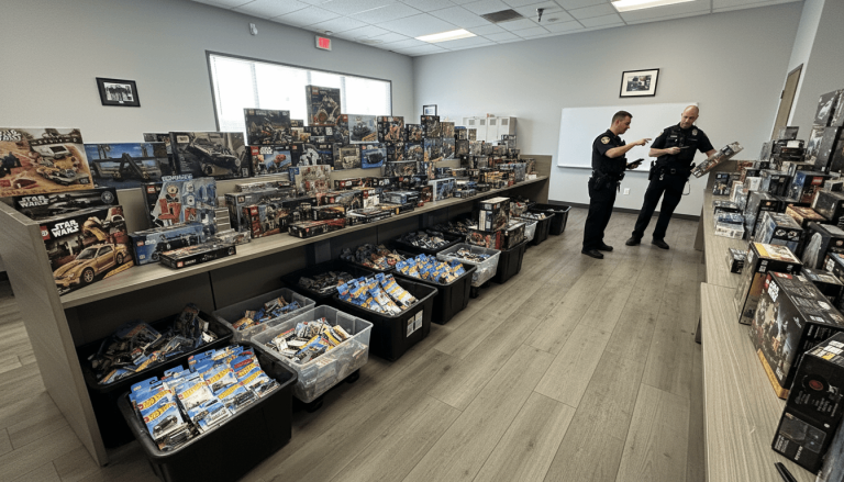 Police officers standing next to tables laden with boxes of recovered stolen toys and merchandise.