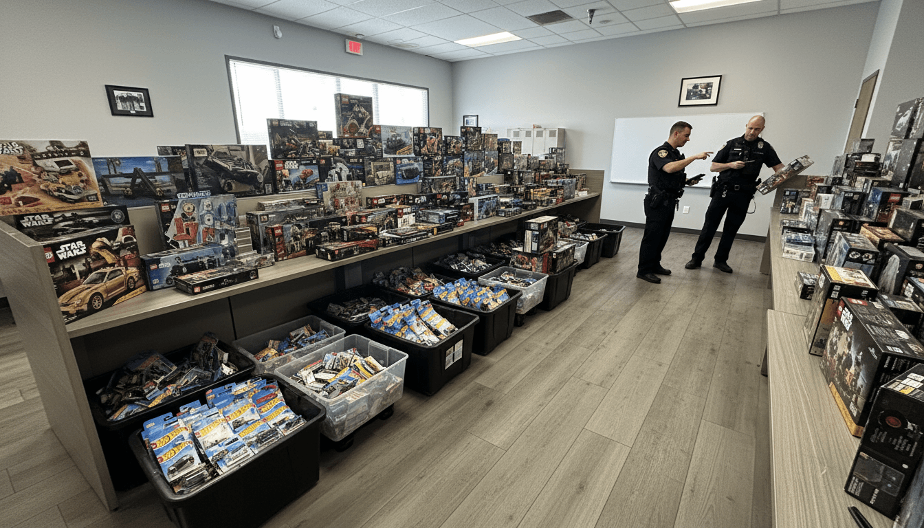 Police officers standing next to tables laden with boxes of recovered stolen toys and merchandise.