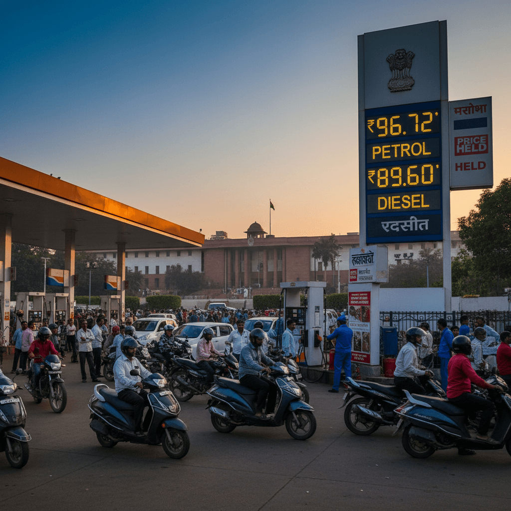 A busy Indian petrol station at dusk with a digital price board showing steady fuel prices, and a government building in the background.