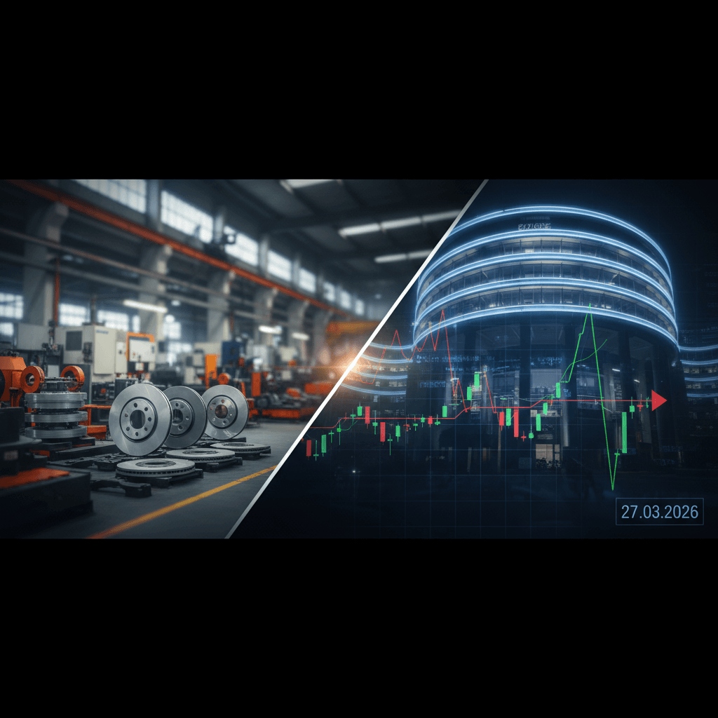 A split image showing a manufacturing floor with brake linings and a digital stock market graph with a modern building.