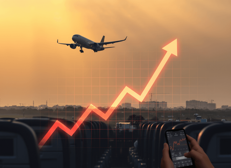 An airplane takes off at sunset, overlaid with an upward-trending graph and a person checking stock on a phone.