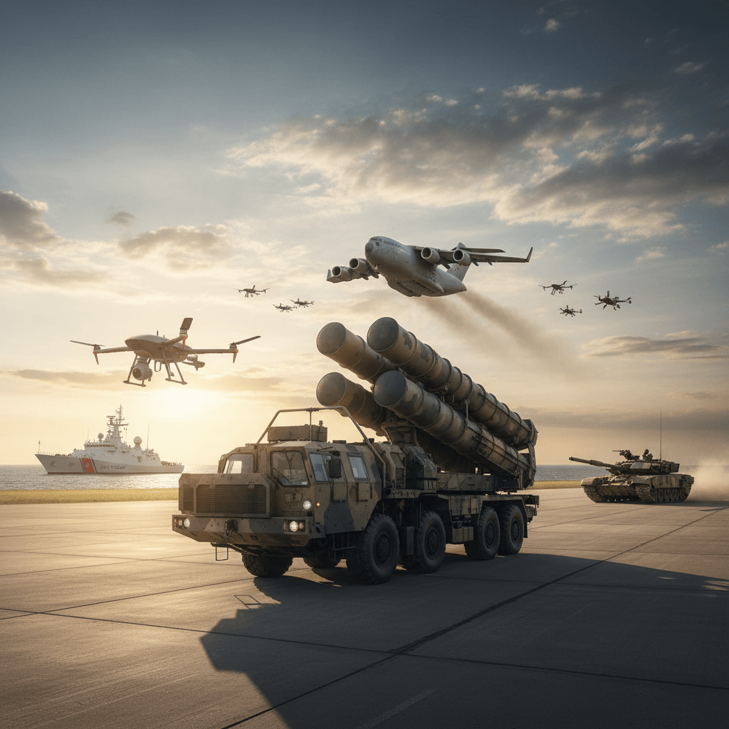 A powerful S-400 missile system on a launch vehicle, with military aircraft, drones, a tank, and a Coast Guard ship.