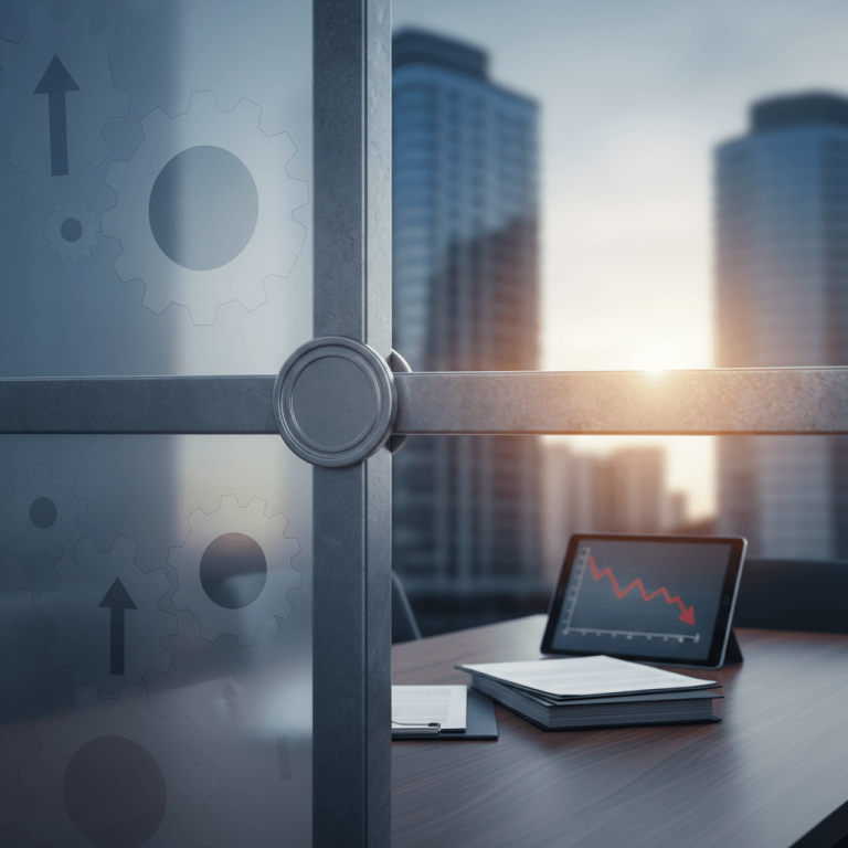 A professional desk scene with a tablet showing a downward stock graph, partially obscured by a closed office window.
