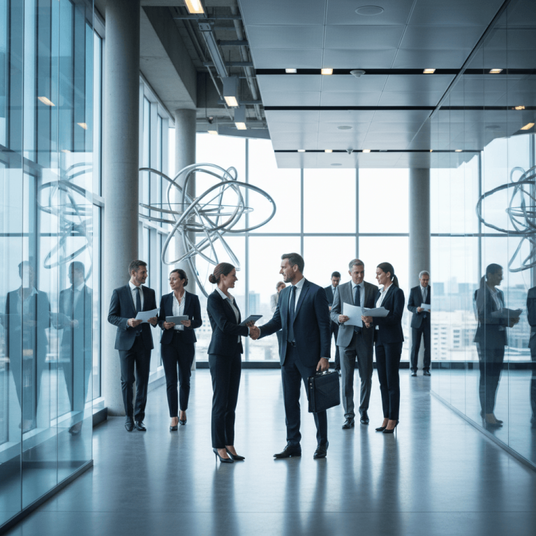 Two business professionals shaking hands in a sleek, glass-filled office building with colleagues in the background.