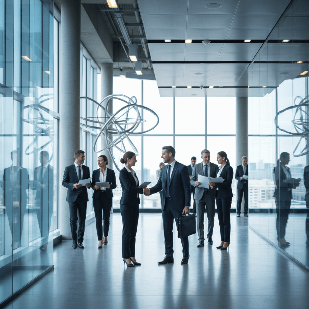Two business professionals shaking hands in a sleek, glass-filled office building with colleagues in the background.