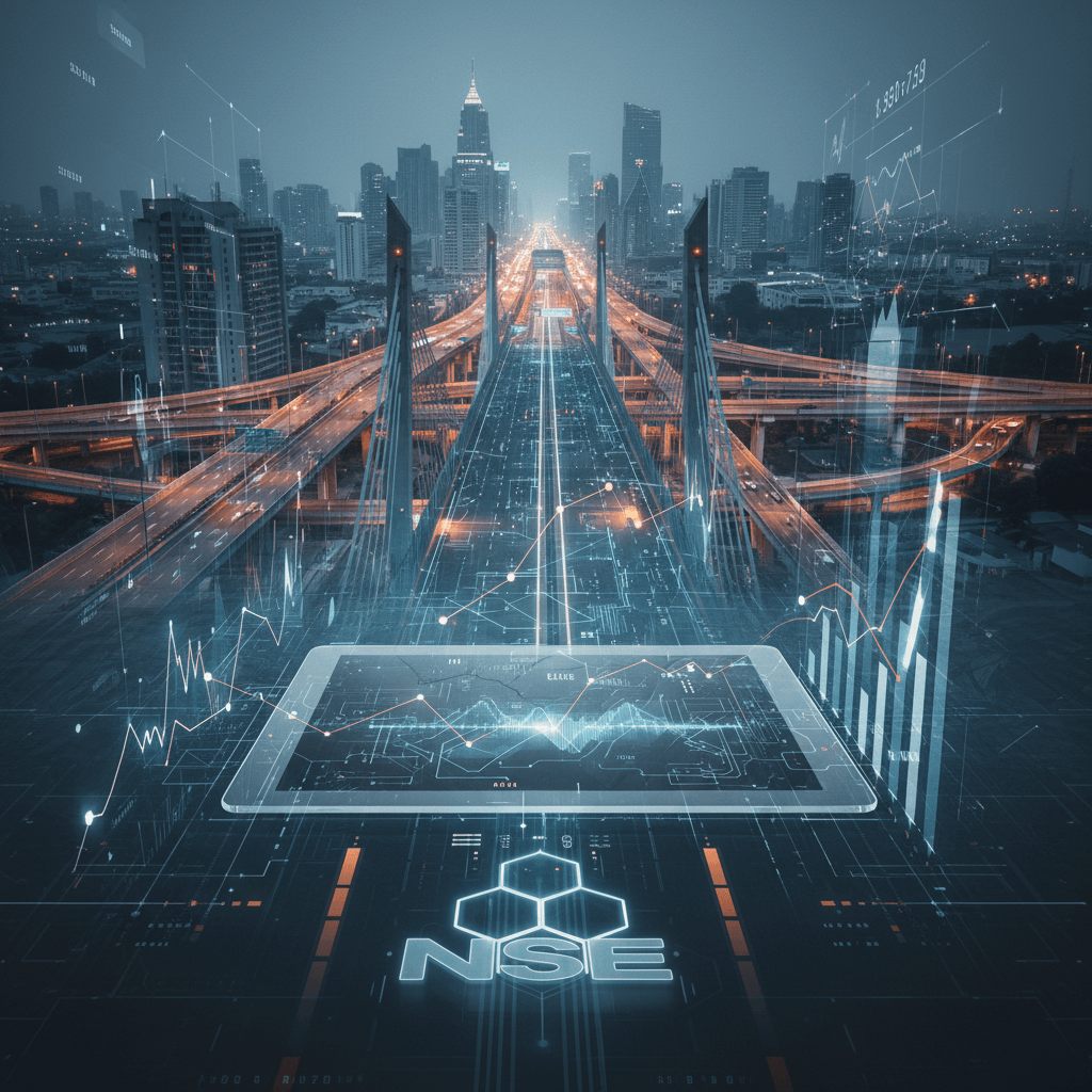 A futuristic cityscape with highways and data visualizations, representing finance and infrastructure.