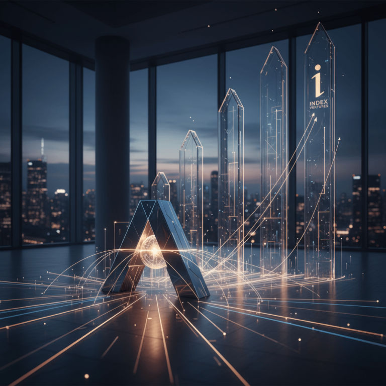 A modern office with a cityscape view at dusk, showing a stylized "A" and rising holographic bar charts.