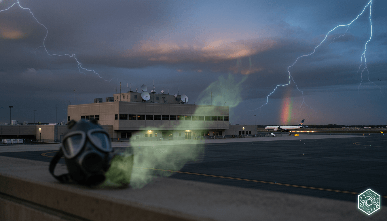 A gas mask on a ledge overlooking an airport control tower with green smoke and lightning, representing airport disruptions.