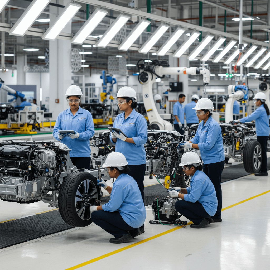 A group of women in safety gear working on car chassis in a brightly lit factory.