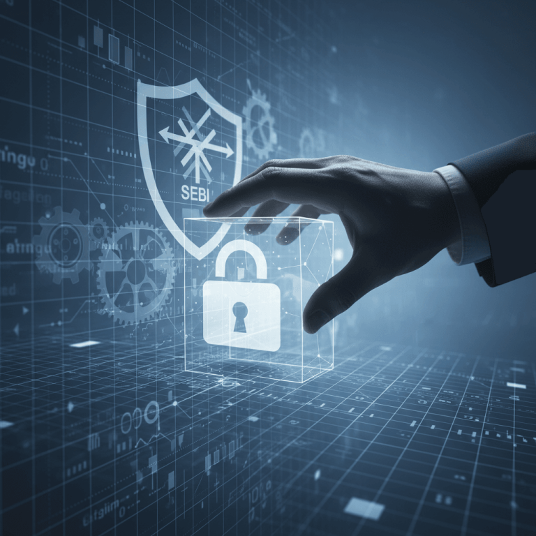 A hand reaching towards a glowing digital cube containing a padlock icon, with a SEBI shield in the background.