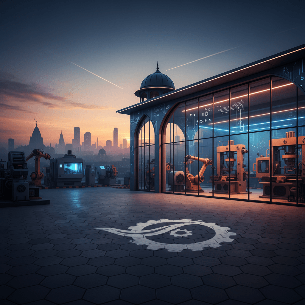 A modern manufacturing facility with robotic machinery and a traditional Indian dome, set against a cityscape at dawn.