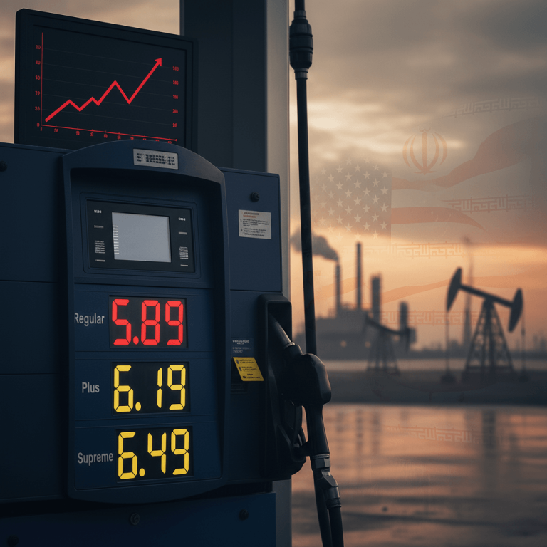 A gas pump displaying high prices against a backdrop of oil rigs and a graph showing rising trends.