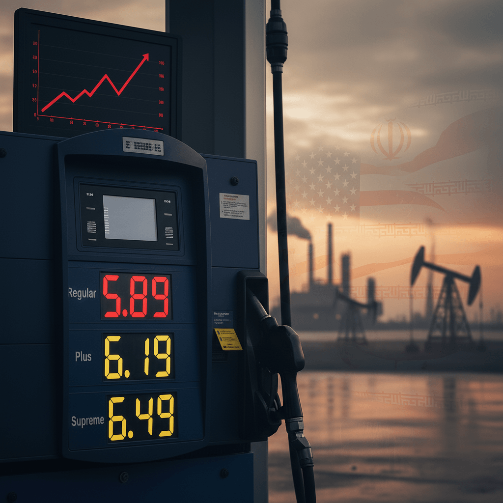 A gas pump displaying high prices against a backdrop of oil rigs and a graph showing rising trends.