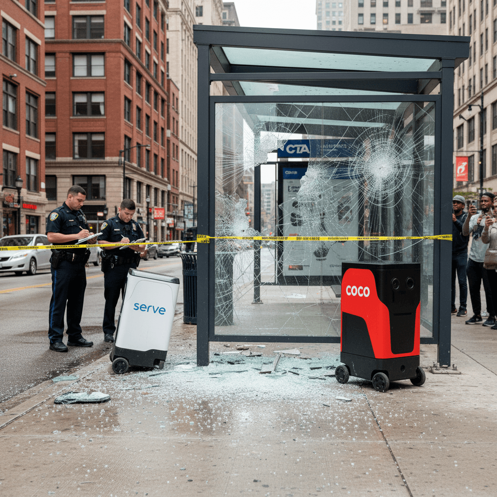 Two police officers investigate a damaged bus shelter with shattered glass and two delivery robots.