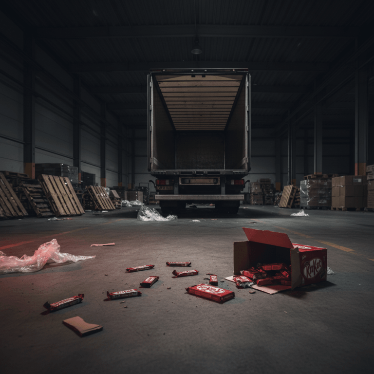 An empty delivery truck in a dimly lit warehouse, with scattered chocolate bar wrappers and an open box on the floor.