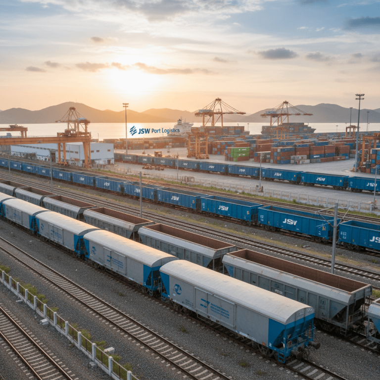 An aerial view of a bustling port at sunset, with long lines of freight wagons on tracks and numerous shipping containers.
