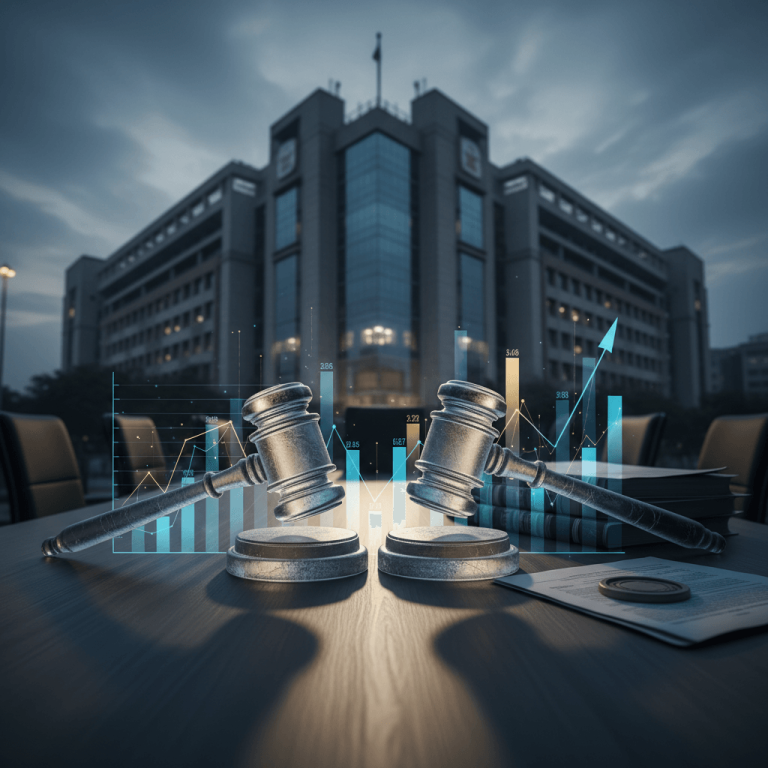 Two gavels on a polished table, surrounded by holographic financial charts and legal documents, with a large corporate building in the background.