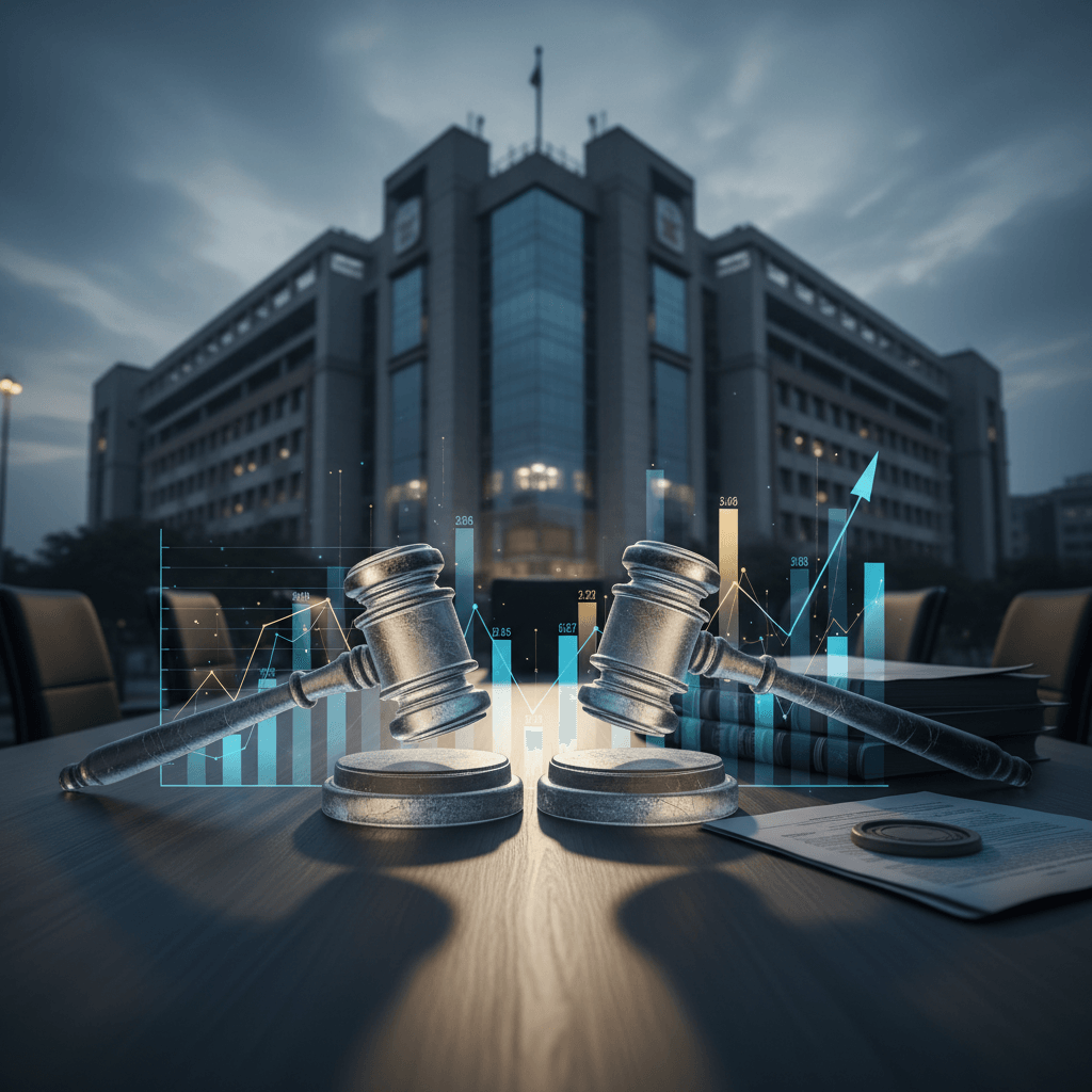 Two gavels on a polished table, surrounded by holographic financial charts and legal documents, with a large corporate building in the background.