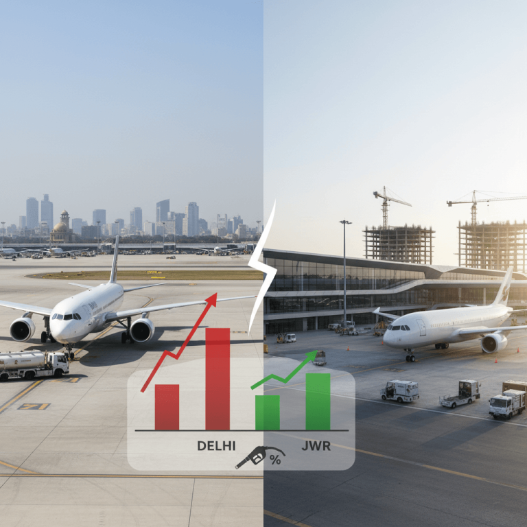 Split image showing Delhi airport with high red bars and Jewar airport under construction with low green bars, symbolizing tax rates.