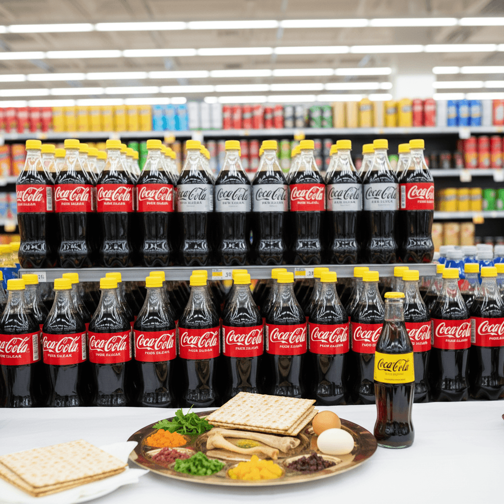 A professional image showing yellow-capped Coca-Cola bottles prominently displayed with a traditional Seder plate.