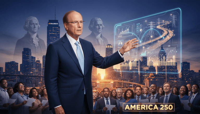 Larry Fink in a suit, gesturing towards a futuristic cityscape with holographic economic data and a diverse group of people.
