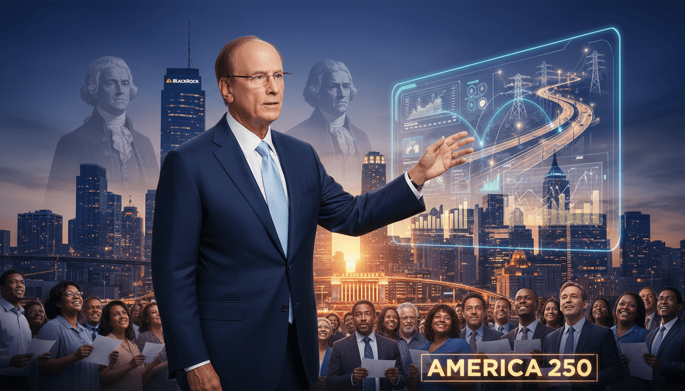 Larry Fink in a suit, gesturing towards a futuristic cityscape with holographic economic data and a diverse group of people.