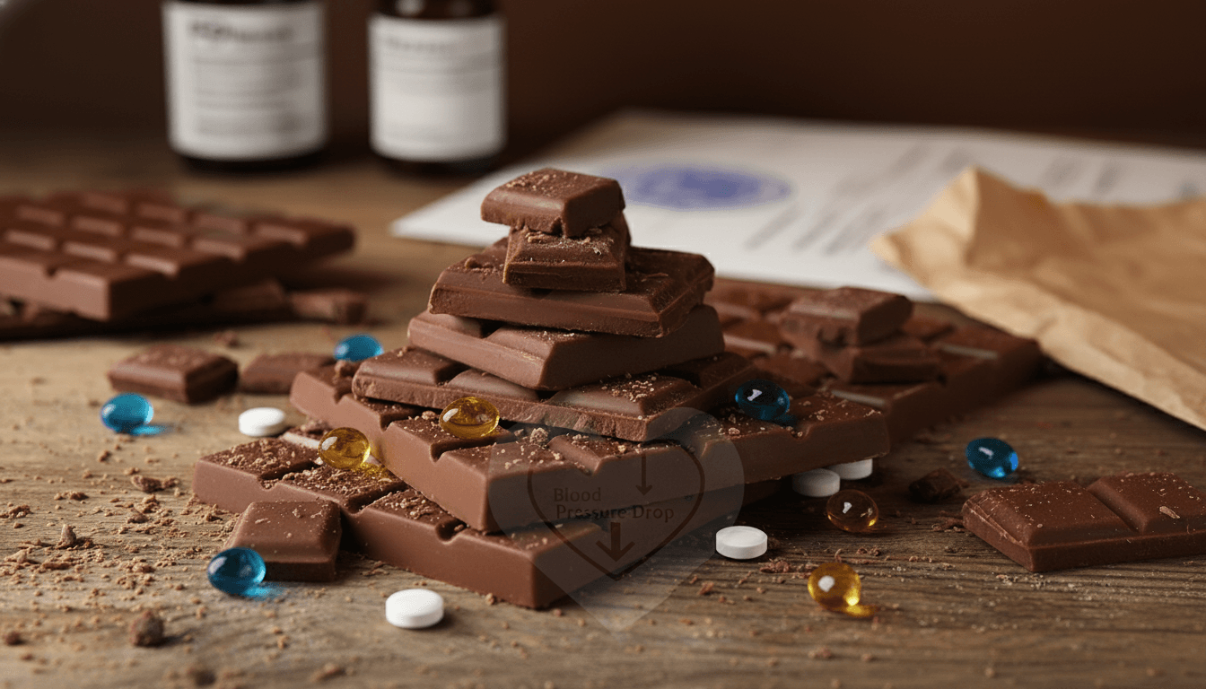 A stack of chocolate bars and scattered chocolate pieces with various pills, including white tablets and blue and yellow capsules, on a wooden surface.
