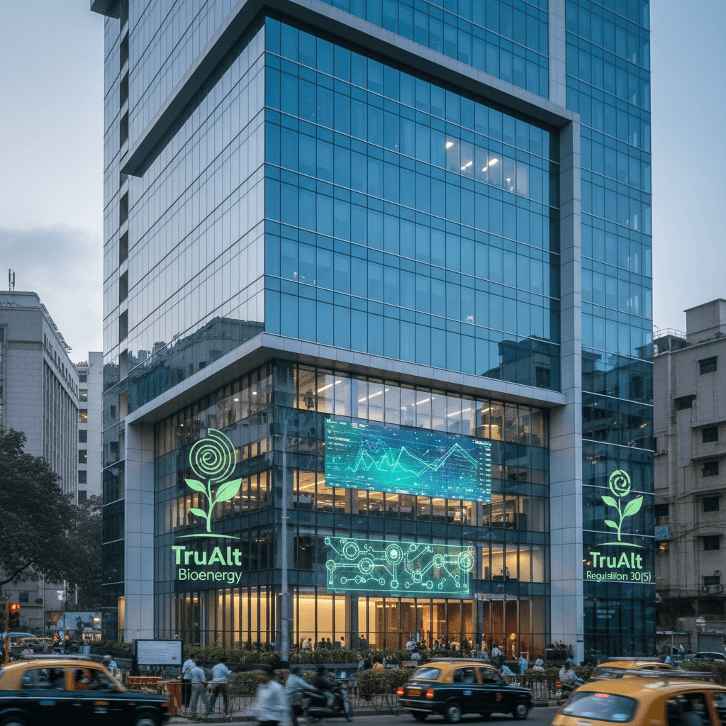 A high-rise glass building with "TruAlt Bioenergy" logos and digital screens displaying stock market data.