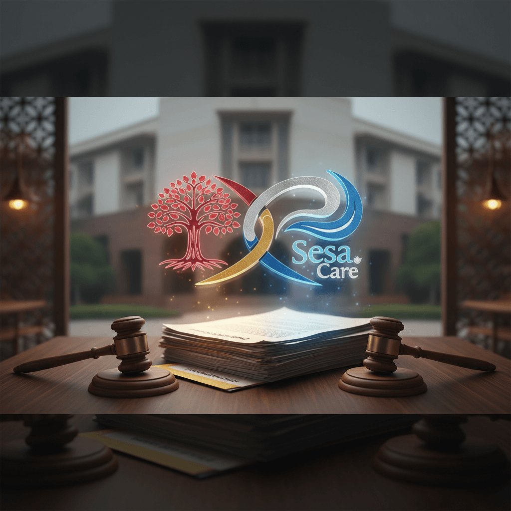 Two gavels flank a stack of legal documents on a wooden table, with blurred modern buildings in the background.