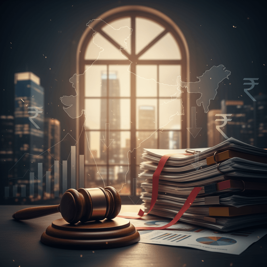 A gavel and stacks of legal documents with India's map and financial graphs in the background, symbolizing dispute resolution delays.