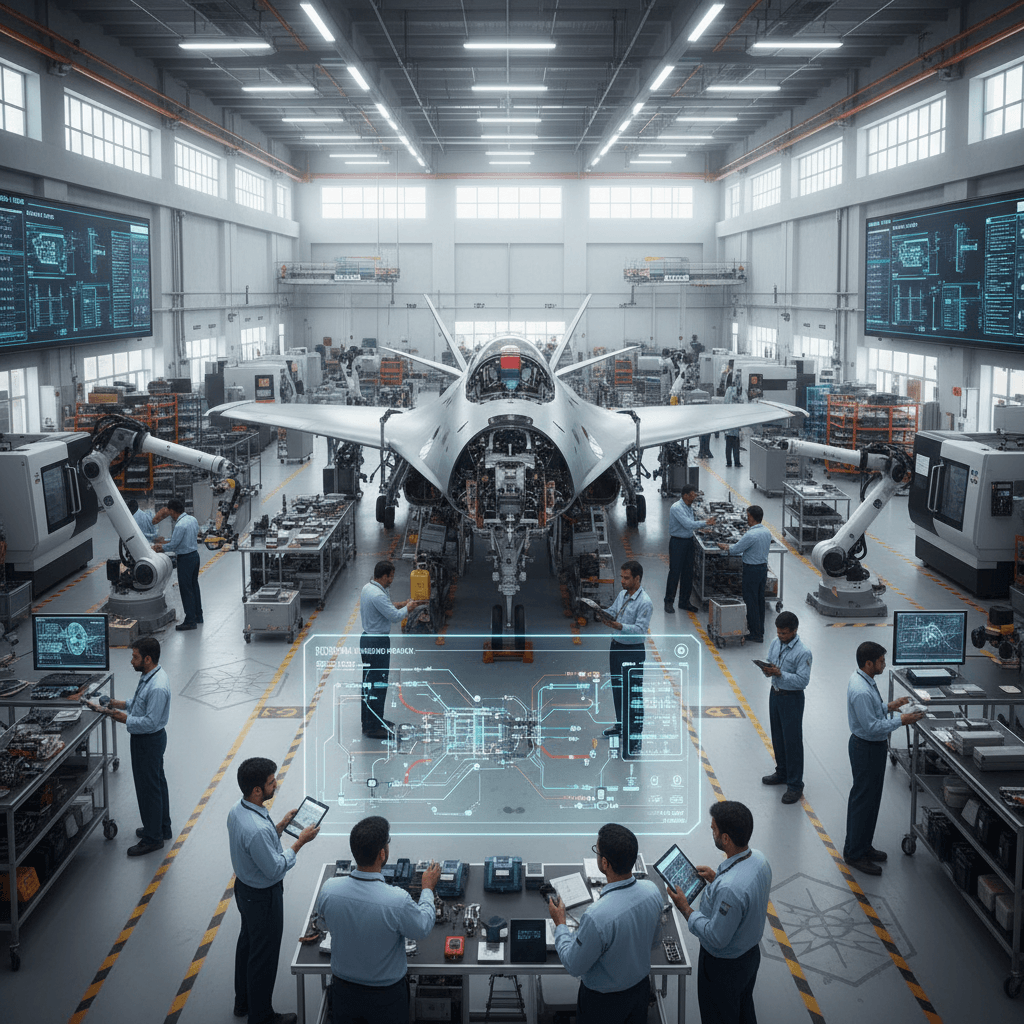 A high-tech aerospace manufacturing facility in India with engineers working on an aircraft and digital displays.