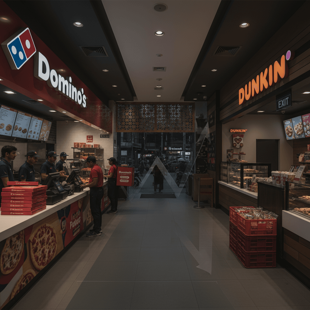 A modern, well-lit interior of a quick-service restaurant with a subtle downward arrow overlay, symbolizing market changes.