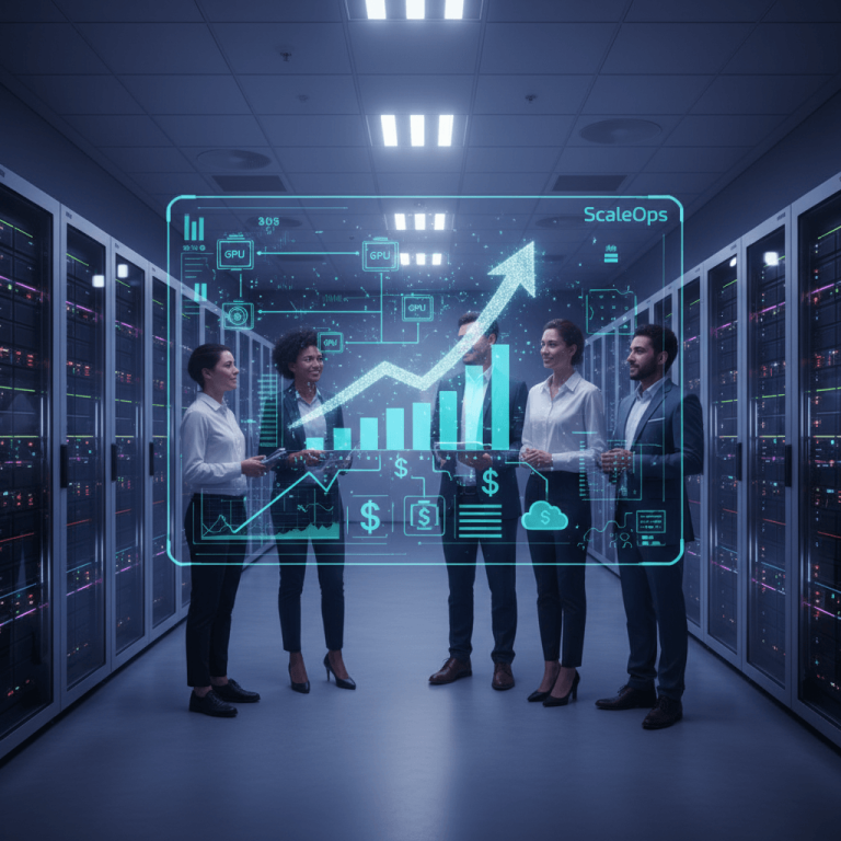 A diverse team in a server room looking at a holographic display showing a rising graph and tech icons.