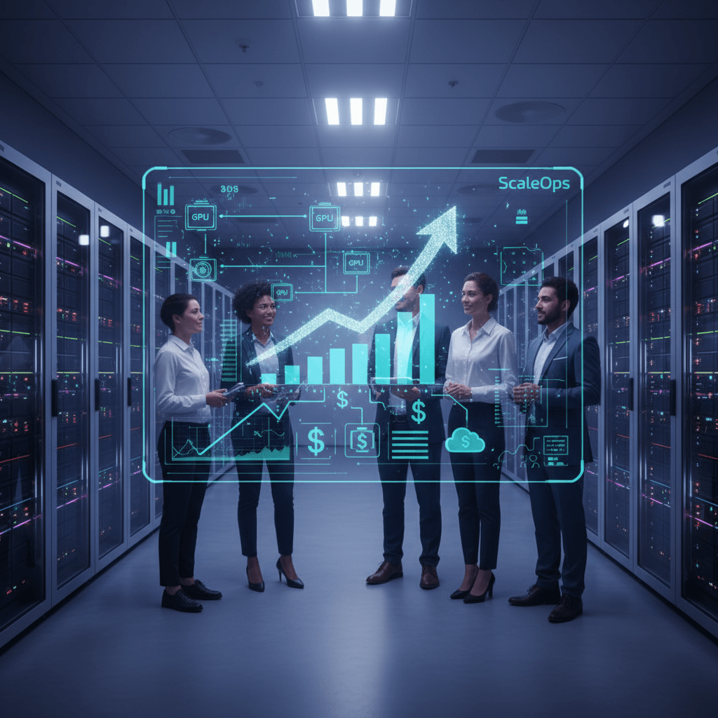 A diverse team in a server room looking at a holographic display showing a rising graph and tech icons.