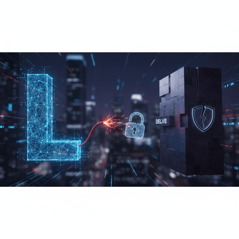 A digital "L" disconnects from a broken lock and shield, against a blurred city night.