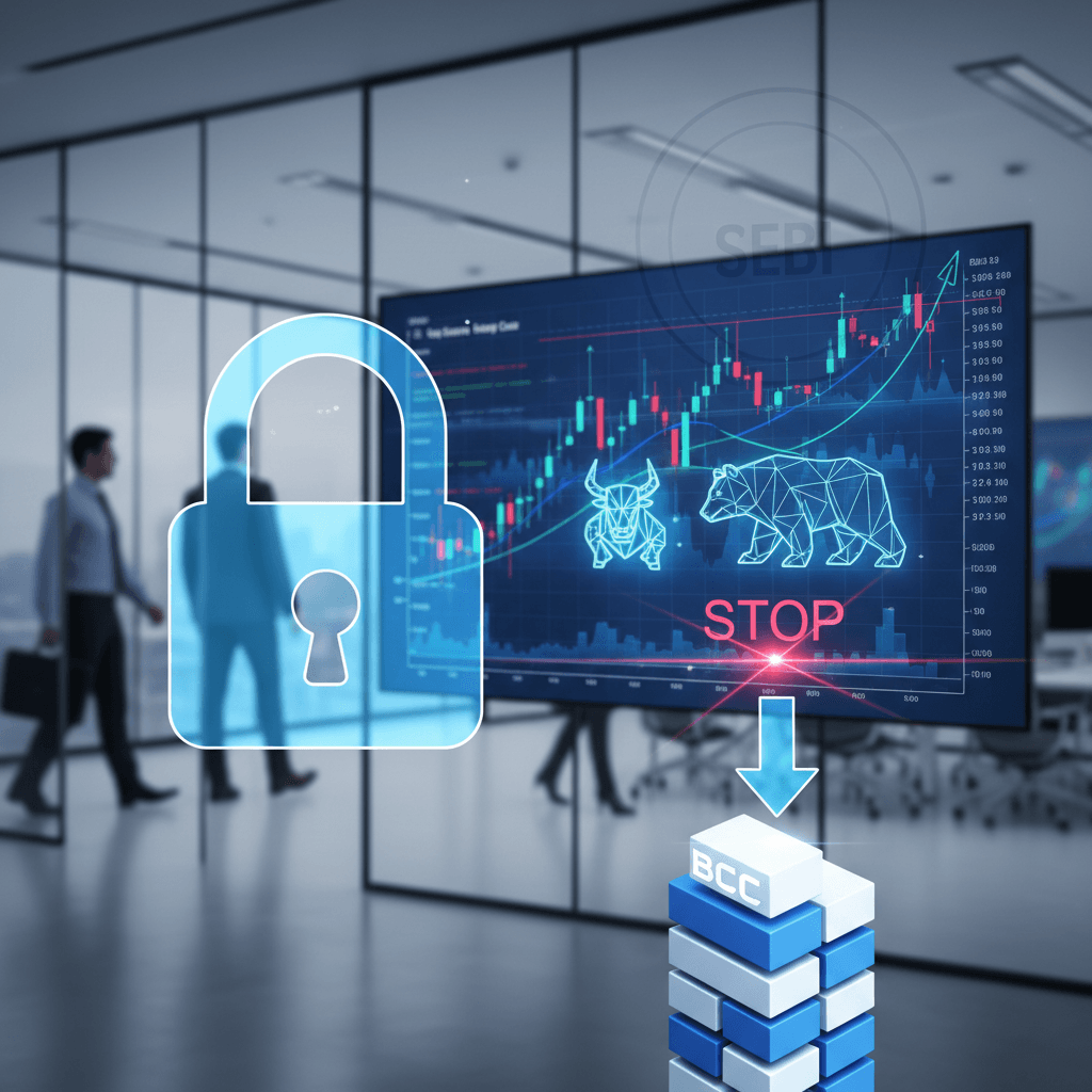 A digital padlock overlaying a stock market graph, symbolizing a trading window closure for Bajaj Consumer Care Limited.