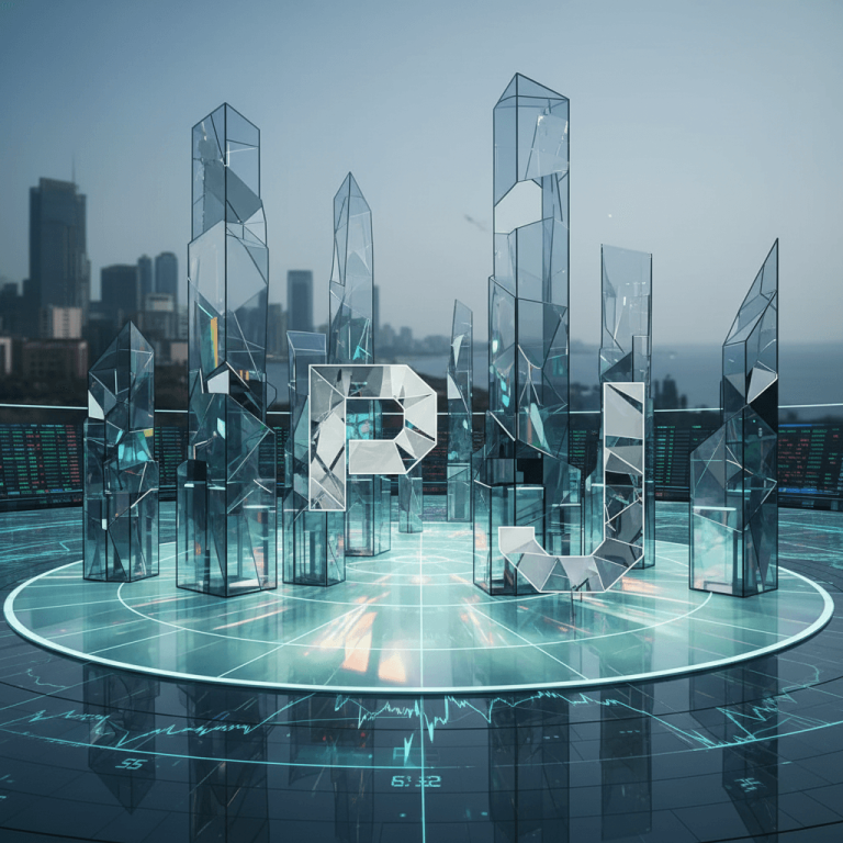 Glass structures forming 'PJ' amidst fragmented glass skyscrapers on a reflective platform, symbolizing corporate divestment.