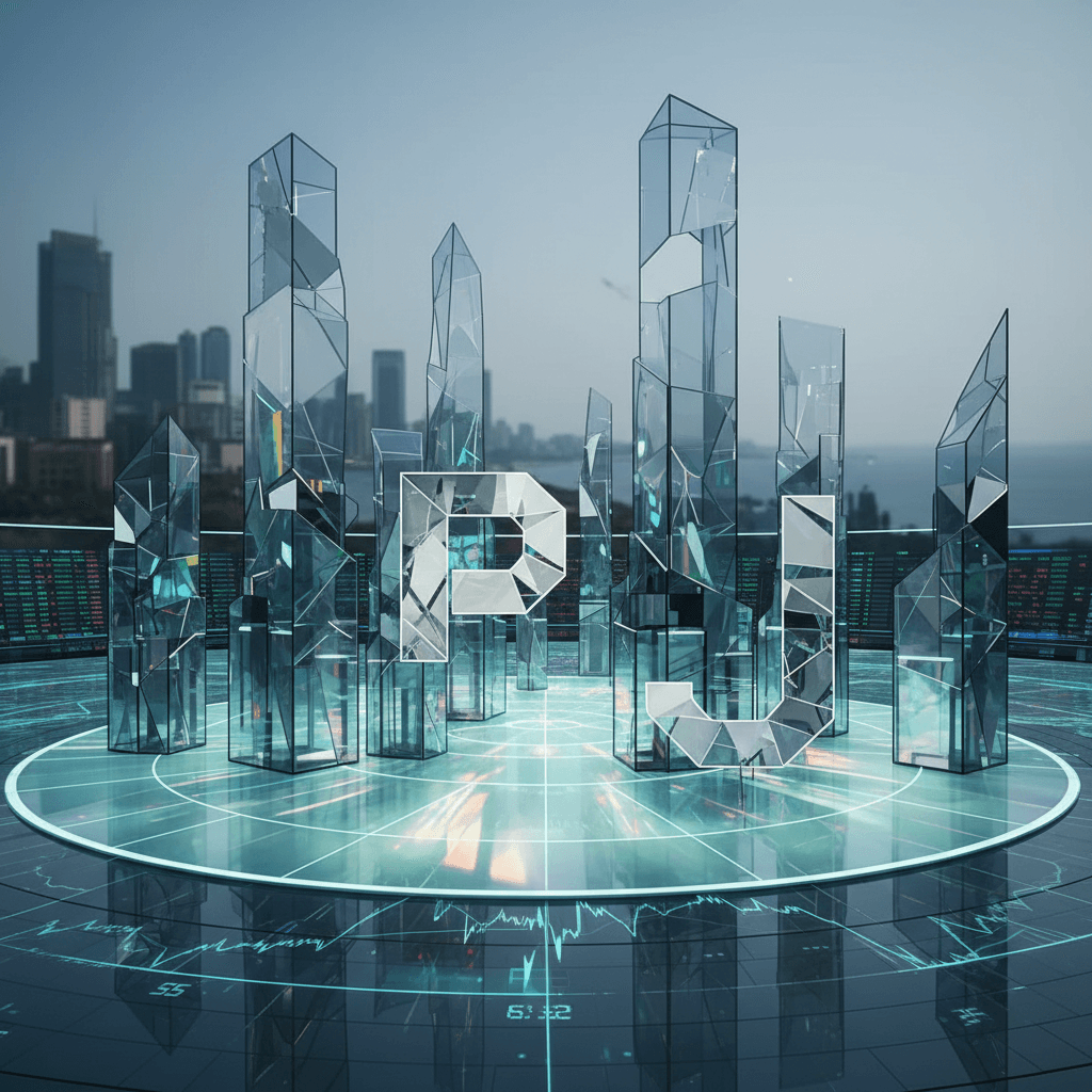 Glass structures forming 'PJ' amidst fragmented glass skyscrapers on a reflective platform, symbolizing corporate divestment.