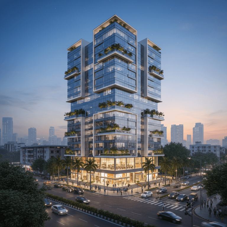 A modern glass-fronted commercial building with illuminated retail spaces at its base, set against a Mumbai cityscape at dusk.