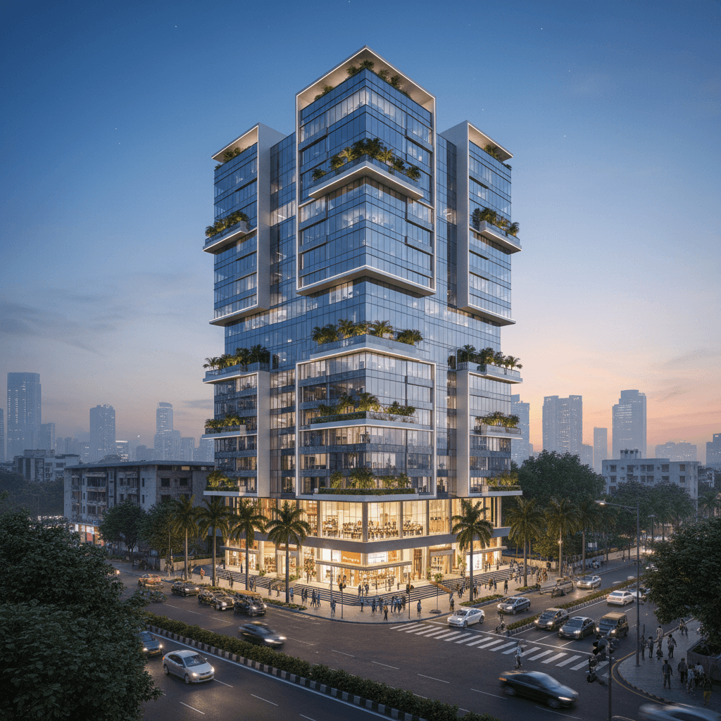 A modern glass-fronted commercial building with illuminated retail spaces at its base, set against a Mumbai cityscape at dusk.