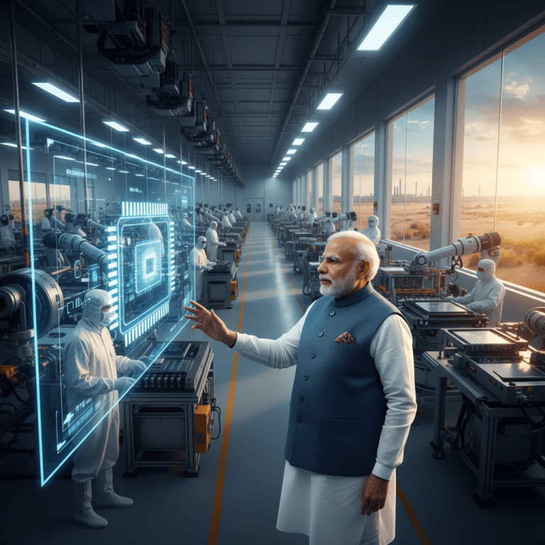 A detailed image of PM Modi interacting with a holographic display of a microchip in a modern semiconductor factory.