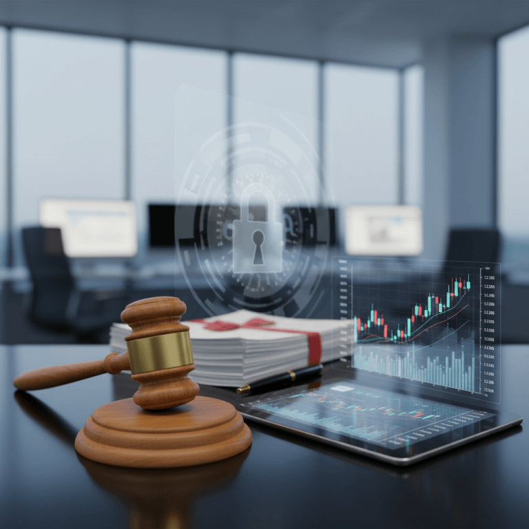 A gavel, stacked papers, tablet with stock charts, and a padlock icon representing trading window closure.