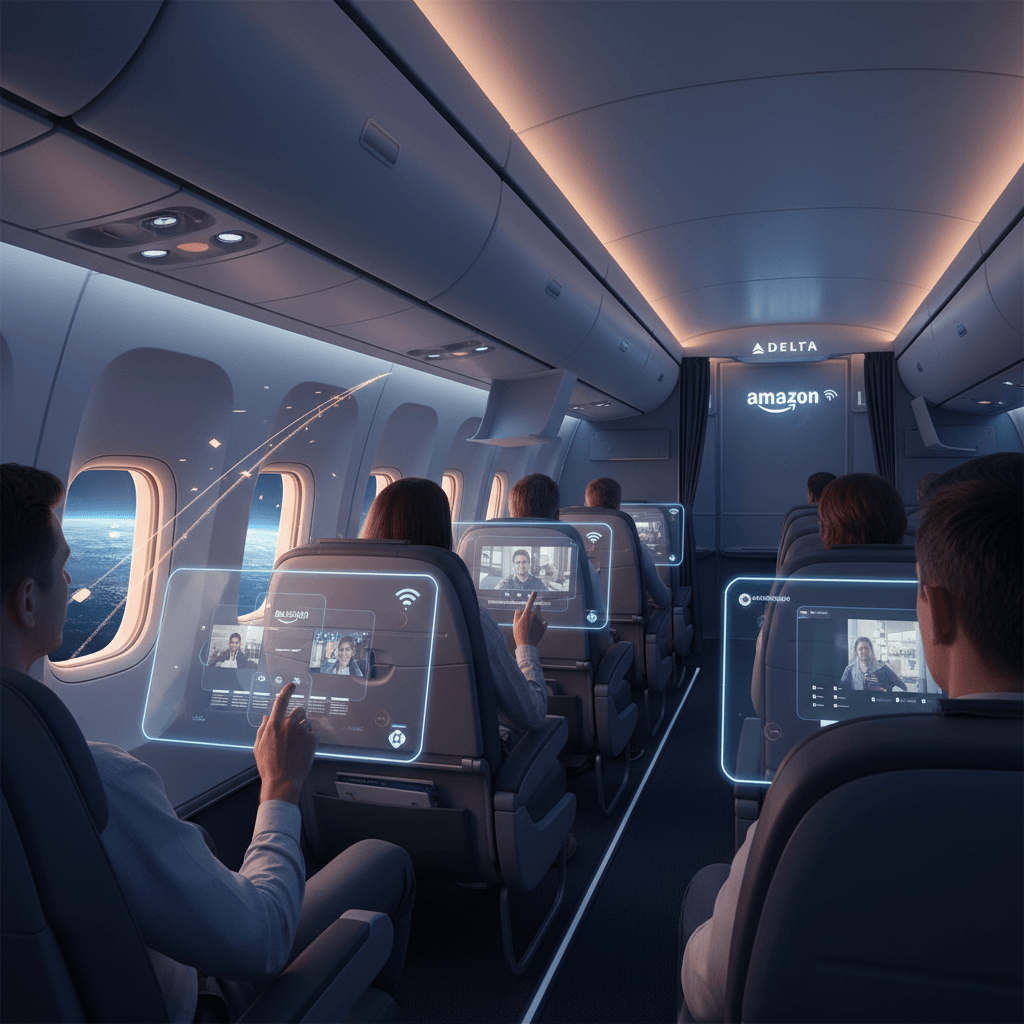 A modern airplane cabin with passengers using transparent touchscreens for video calls and internet, illuminated by futuristic blue light.