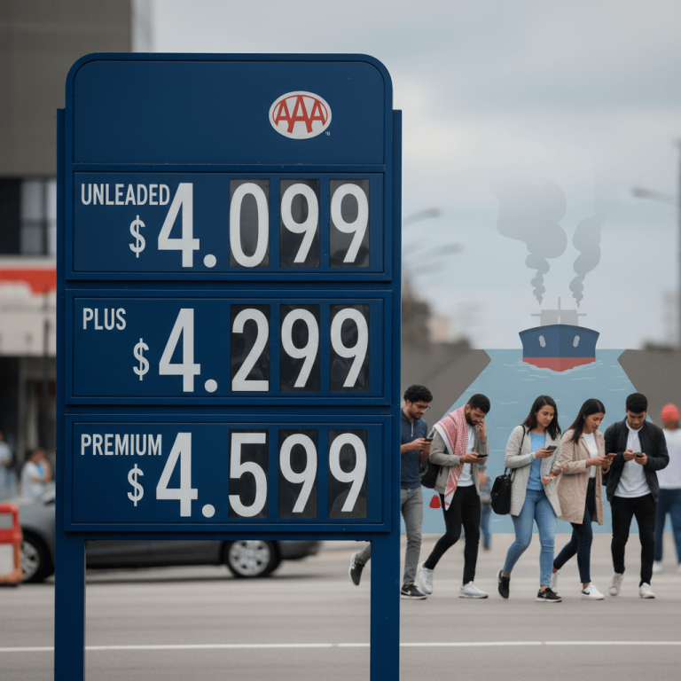 A gas station price sign showing prices over $4, with people walking in the background and an abstract oil tanker.