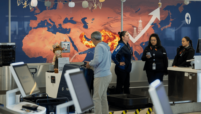 Travelers at an airport check-in counter with a background map showing a fiery explosion in the Middle East and an upward arrow for fuel prices.