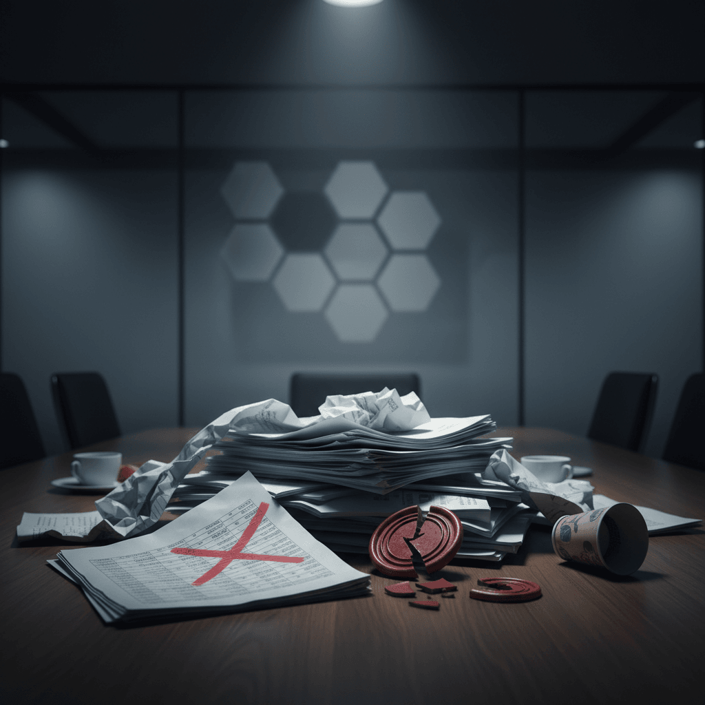 A large, messy pile of crumpled financial documents and papers on a dark conference table, with a broken red wax seal.