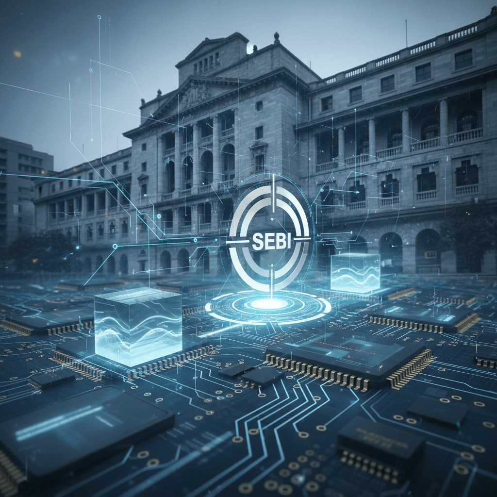 A professional image showing a circuit board with glowing blue lines and abstract data cubes, with a stylized "SEBI" icon floating above.